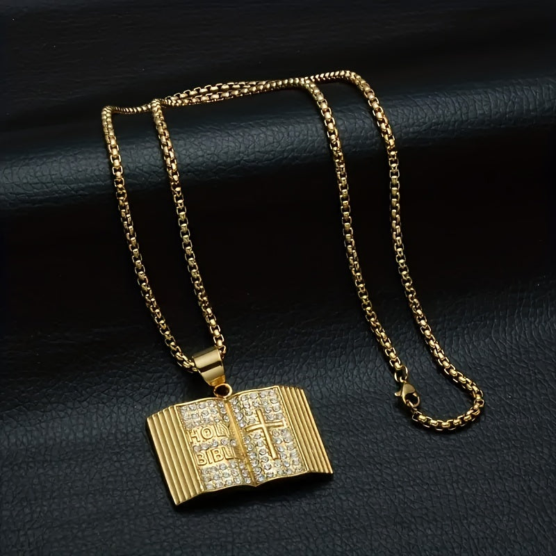 1 Men'S Fashion Pendant Necklace, Cross Bible Religious Pendant Inset Zirconia Necklace, Punk Unisex Hip Hop Jewelry